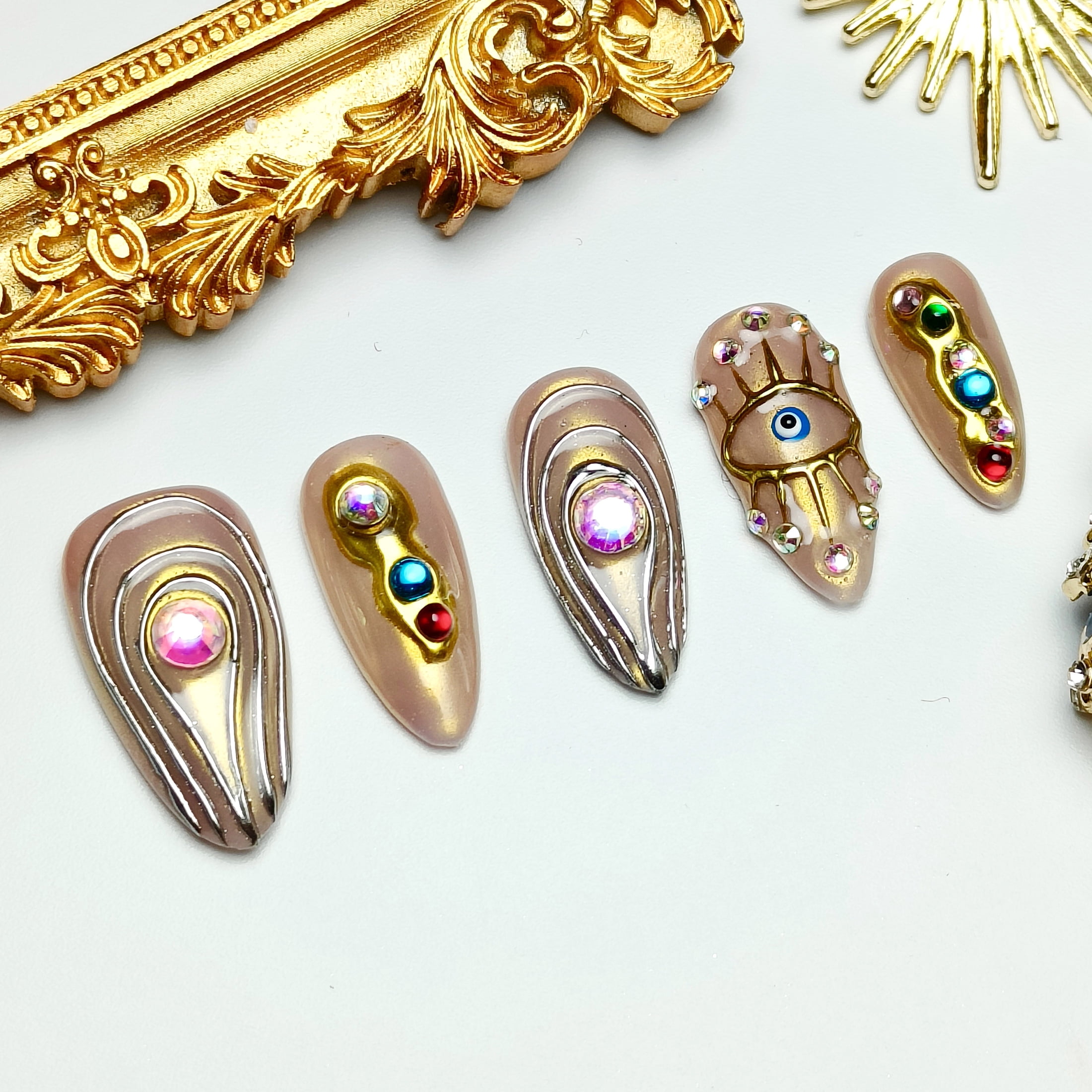 10pcs Almond Medium Handmade Y2K Baroque Press On Nails - Nude Designs, 3D Rhinestones & Gold Accents, Luxury Summer & Independence Day, Goth