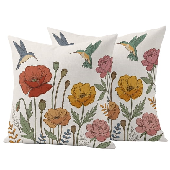 Spring Floral Outdoor Waterproof Pillow Covers, Elegant Pastoral Flowers Birds Rustic Decorative Square Throw Pillowcase Sofa Cushion Sham for Patio/Couch/Chair, 20"x20" 2 Pack
