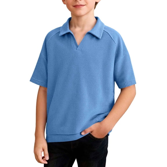 Tdoqot Boys Waffle Knit Polo Shirts- Casual Loose Fit Short Sleeve Summer Kids Performance Shirts Light Blue Size 8