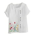 thumbnail image 5 of Fewfanhot Women's Linen Short Sleeve Top, Floral Print Button Round Neck Casual Blouse Loose Fit Bohemian Style T-Shirt for Spring Summer Daily Wear, 5 of 5