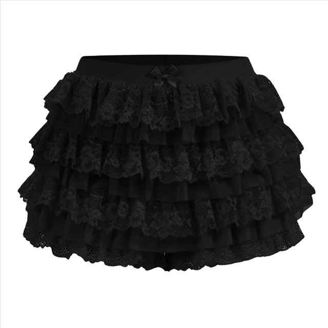 Pantalones Bombachos de Encaje Multicapa Y2K para Mujer, Pantalones Cortos con Volantes, Pantalones Cortos de Calabaza, Enaguas Dulces con Cintura Elástica. Negro L