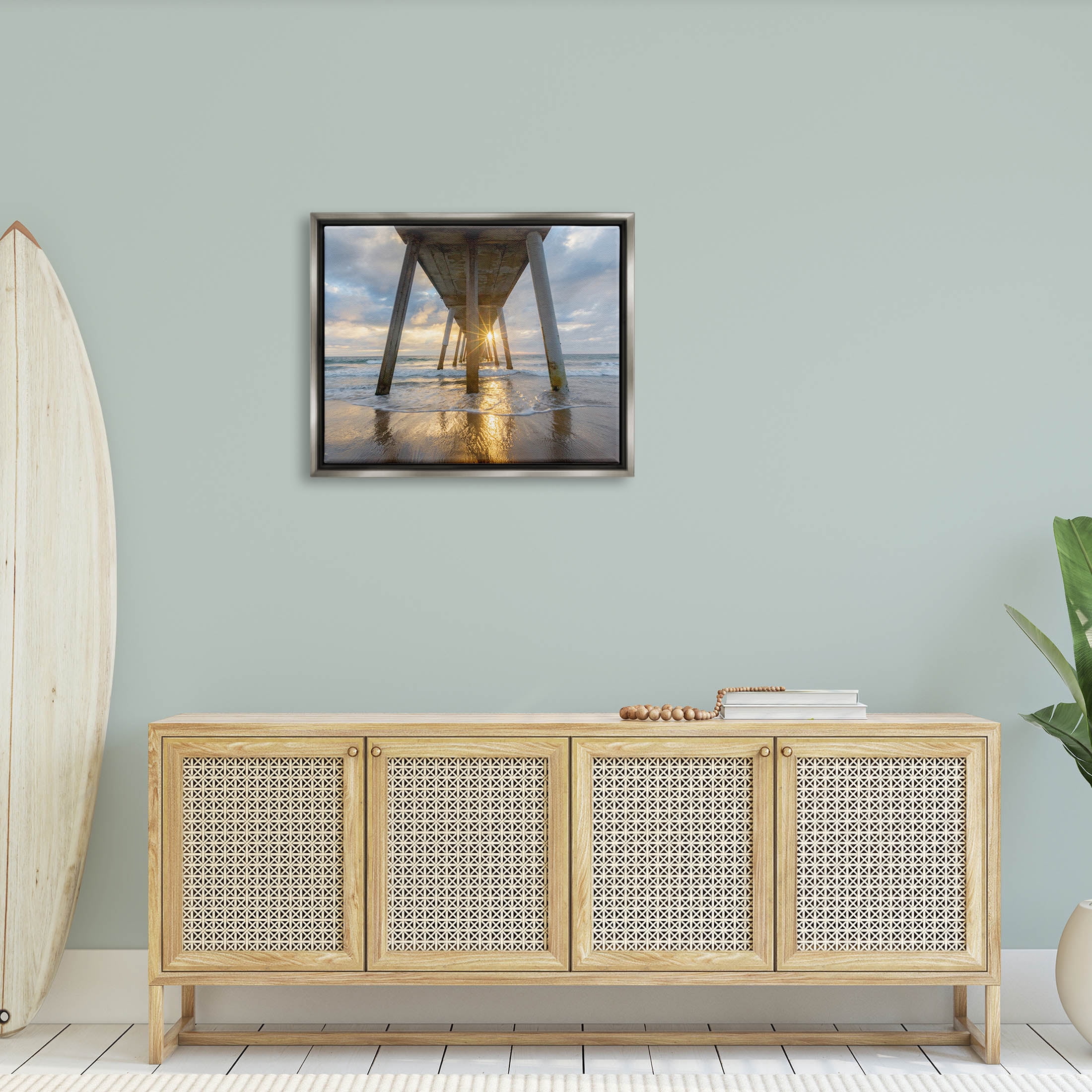 Looming Pier Beach Waves Coastal Photograph Luster Gray Framed Art Print Wall Art