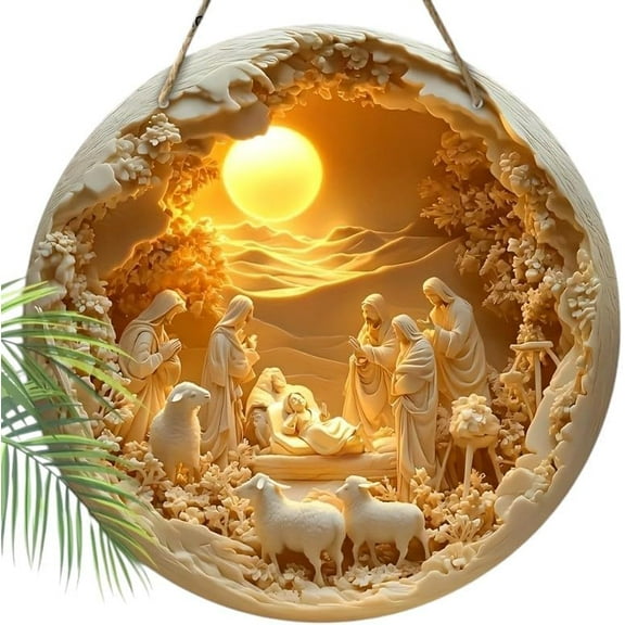 Rustic White 2D Flat Wooden Nativity Scene Wreath Christian Themed Hanging Christmas Decoration for Home Classroom Indoor Outdoor Use Religious Gift for Family 20x20cm