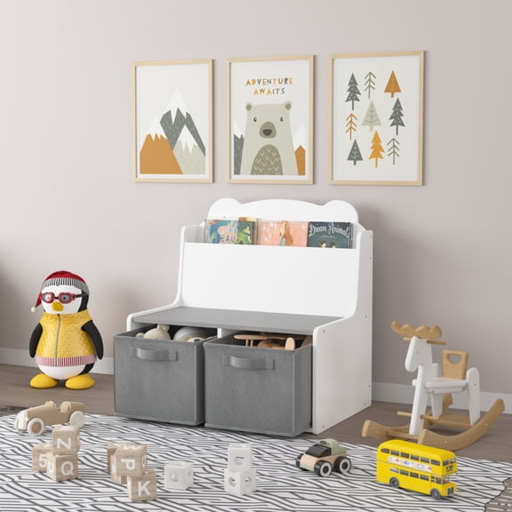 Kids Bookshelf with 2 Fabric Storage Bins and Bear-Shaped Backboard, Wooden Book Display Shelf and Toy Organizer for Toddlers, White and Gray