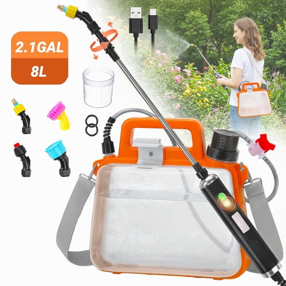 Garden Sprayer,GOCHIFIX 2.1 Gallon Anti-Backflow Electric Backpack Sprayer with Rechargeable Handle,4 Mist Nozzles,6 Spray Modes for Lawn, Garden, Yard,Orange
