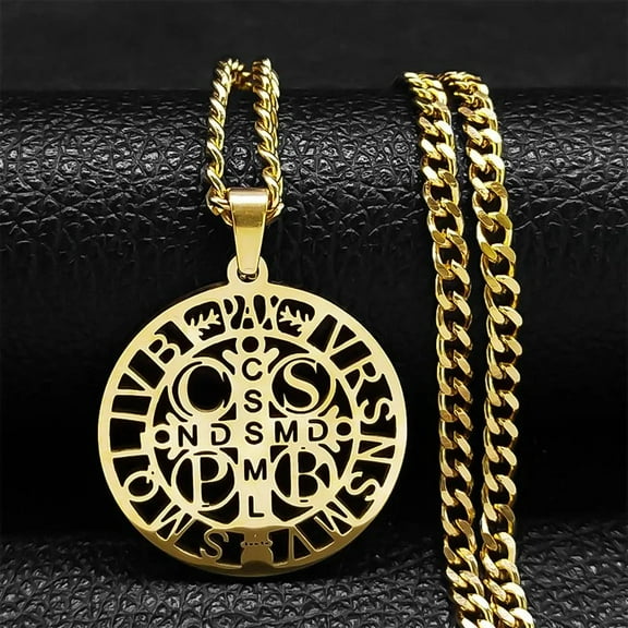 Hip Hop Catholic Saint Benedict Pendant Necklace for Women Men 14K Yellow Gold Religious Jewelry San Benito Collares