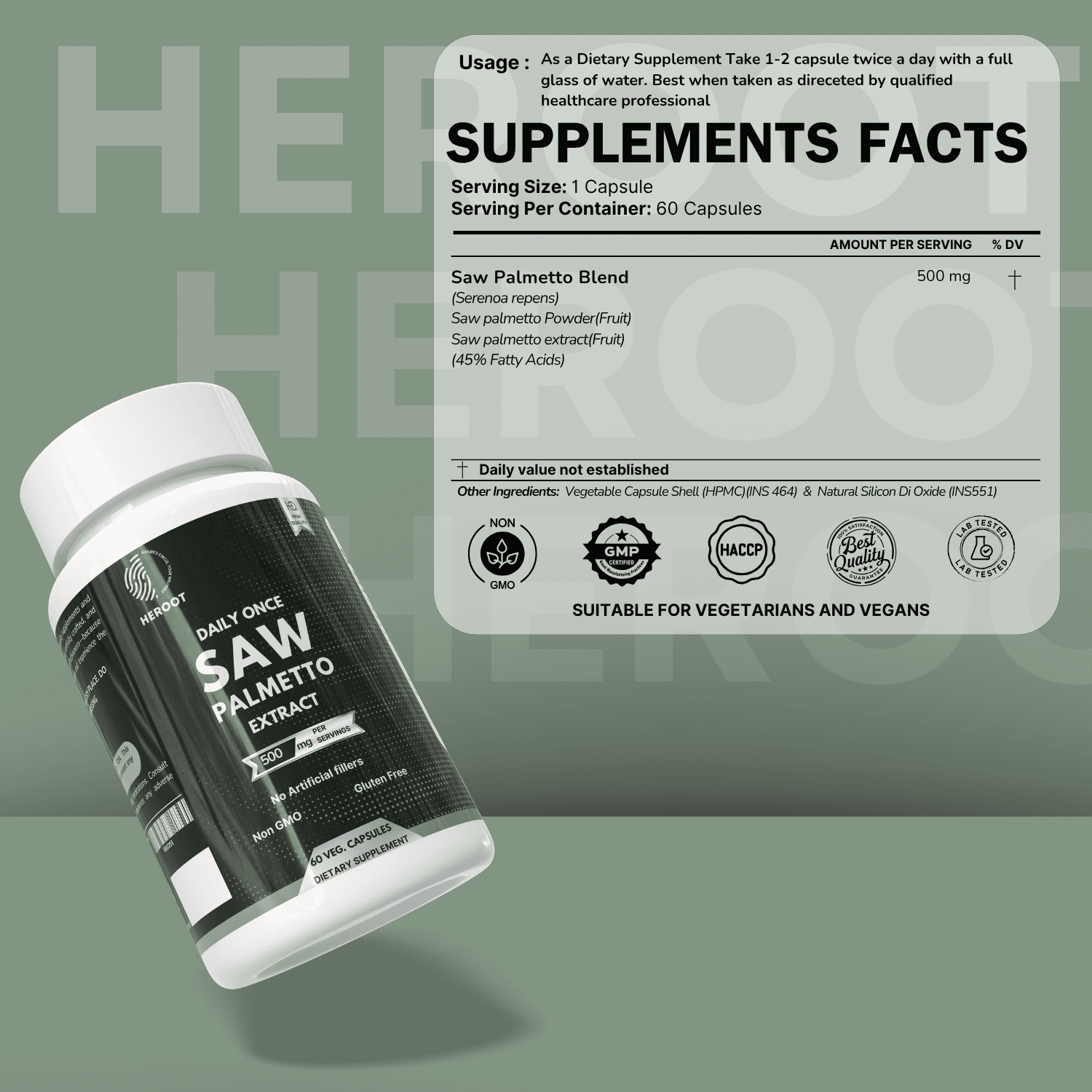 Heroot Saw Palmetto Capsules 500 mg per Capsule | 45% Fatty Acids | 120 Veg Capsules | 120 Servings | Herbal Supplement