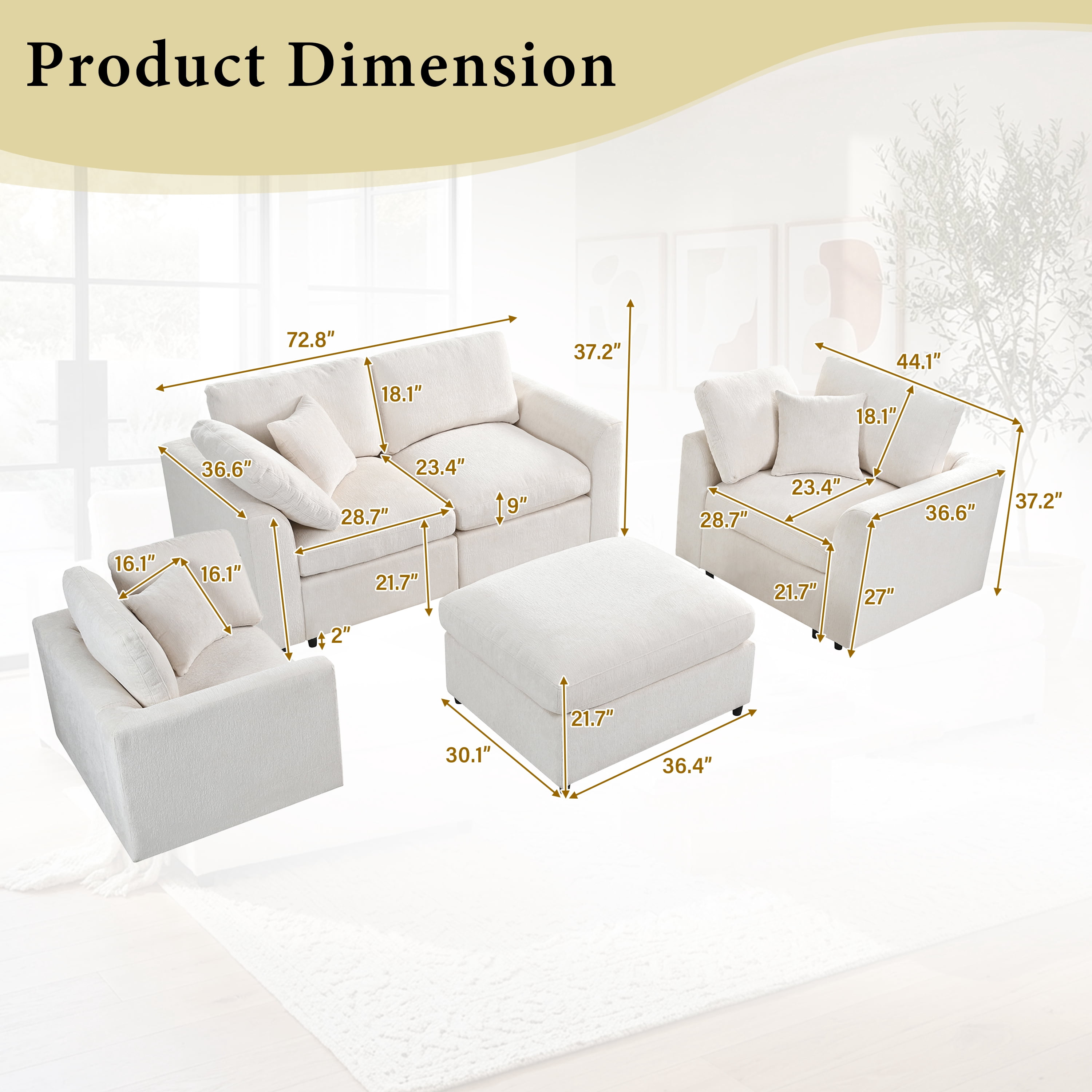 Howcool 4-Piece Modular Sectional Sofa Set,2 Accent Chairs + Loveseat + Movable Ottoman,Chenille Sofa Couch with Solid Wood Frame for Living Room Furniture,Beige