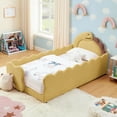 thumbnail image 2 of Sesslife Twin Size Floor Bed with Fence, Upholstered Twin Size Platform Bed with Cute Dinosaur Shaped Headboard for Boys Girls, Wood Twin Bed Frame with Safety Guardrail and Salts for Age 3-7, Yellow, 2 of 11