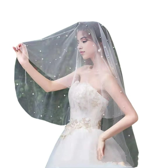 NUZYZ Bridal Veil with Faux Pearl Embellishment White Mesh Single Layer Wedding Veil Bridal Headpiece Hair Accessories,1.2M