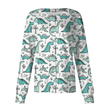 

Sksloeg Long Sleeve Scrub Tops Women Stretchy Animal Dinosaur Patterned Working Uniform with Pocket Stretch Casual Crew Neck Summer Holiday Workwear Cyan L