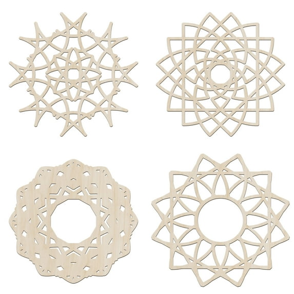 Mandala Wooden Wall Art Set of 4, Flower of Life Compositions Mesh Artwork, Birch Plywood Rustic Wall Art Accent for Hallway Bedroom Living Room and Offices, 11.4" X 11.4" X 0.1", by Ambesonne