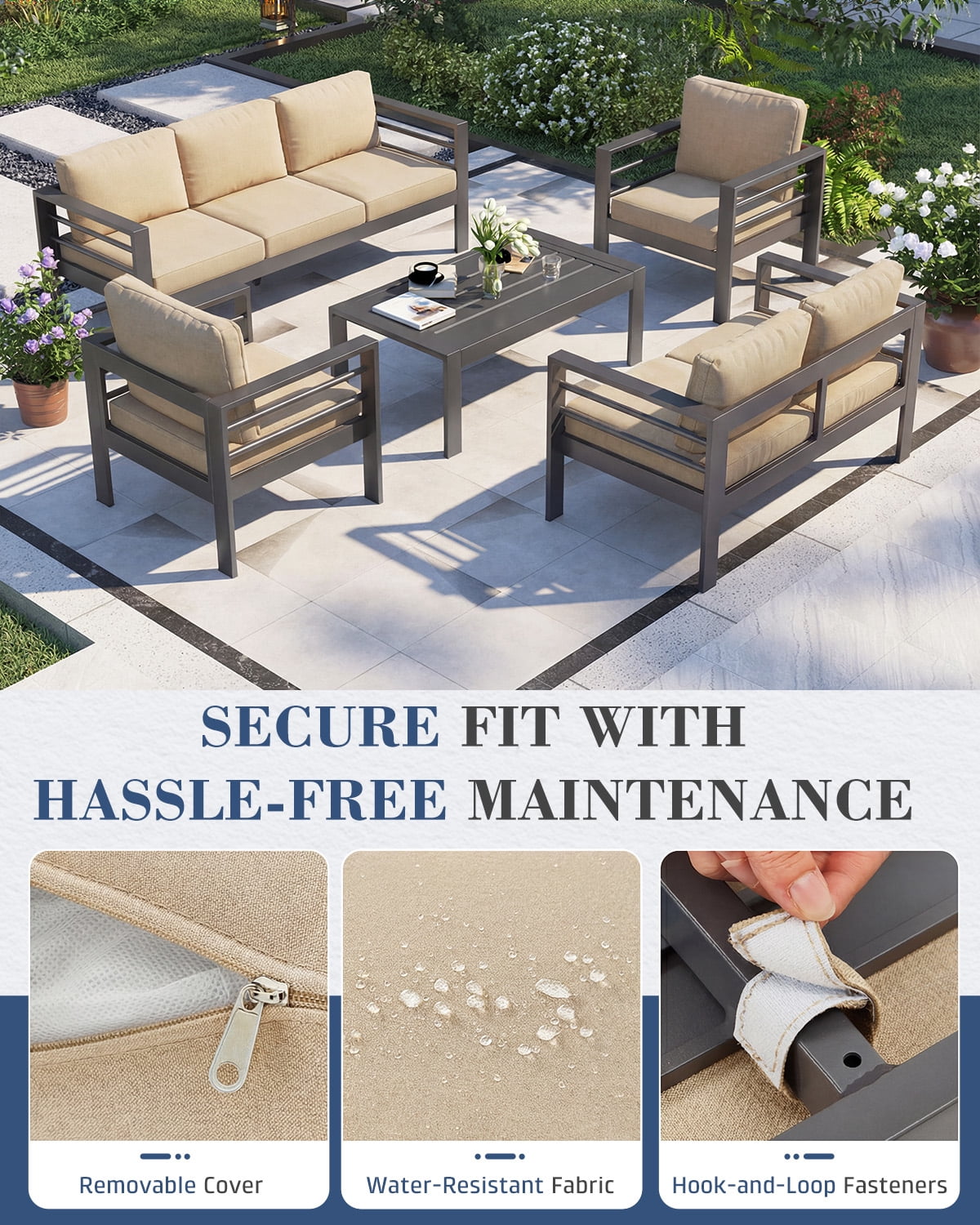 AECOJOY Patio Furniture Set Clearance, 4 Pieces Sectional Outdoor Sofa Chairs, All Weather PE Garden Wicker Rattan Patio Seating Sofas with Cushion, 5 Pillows(Beige)