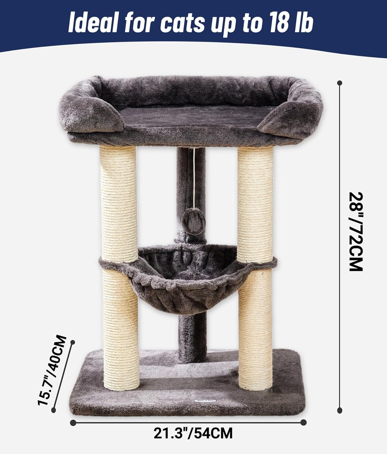 28" Cat Tree, Cat Tree Tower with 23.6x15.7 Inch Spacious Bed & Cozy Hammock, Small Cat Tree with Perch For Adult Cats, Sturdy Scratching Post & Toys, Compact Cat Tower-Gray