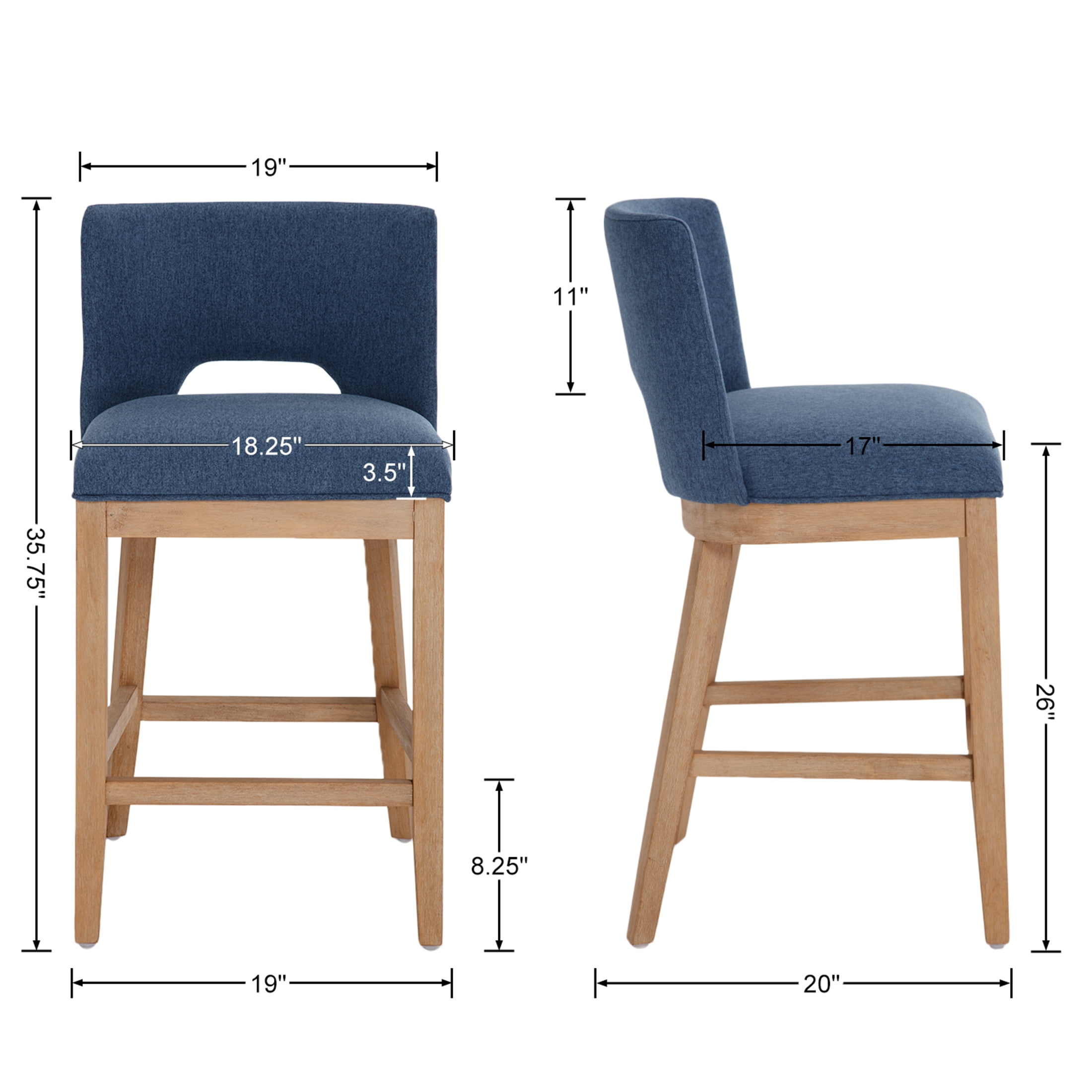 Guyou Linen Bar Stools Set of 2, 26" Modern Counter Height Barstools, Farmhouse Wooden Kitchen Island Chairs with Open Back for Restaurant Kitchen Bar, Blue