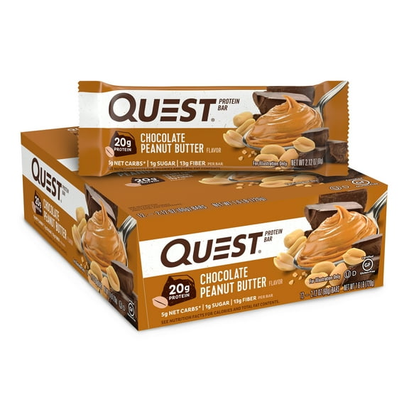 Quest Protein Bar, Chocolate Peanut Butter Flavored, 20g Protein, Gluten Free, 12 Count