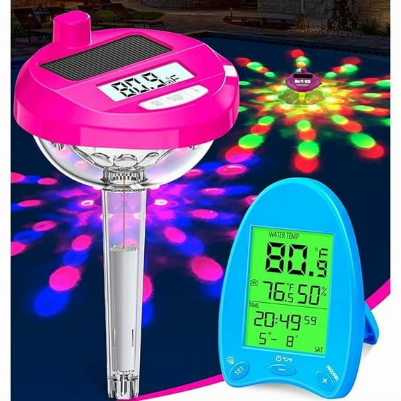 ZLC2025 Wireless Pool Thermometer Solar-Powered | Dynamic LED Light Show & Dual Backlit Display - Easy Read, 650FT Wireless Transmission | Floating Pool Water Temperature Gauge for Pools - Pink