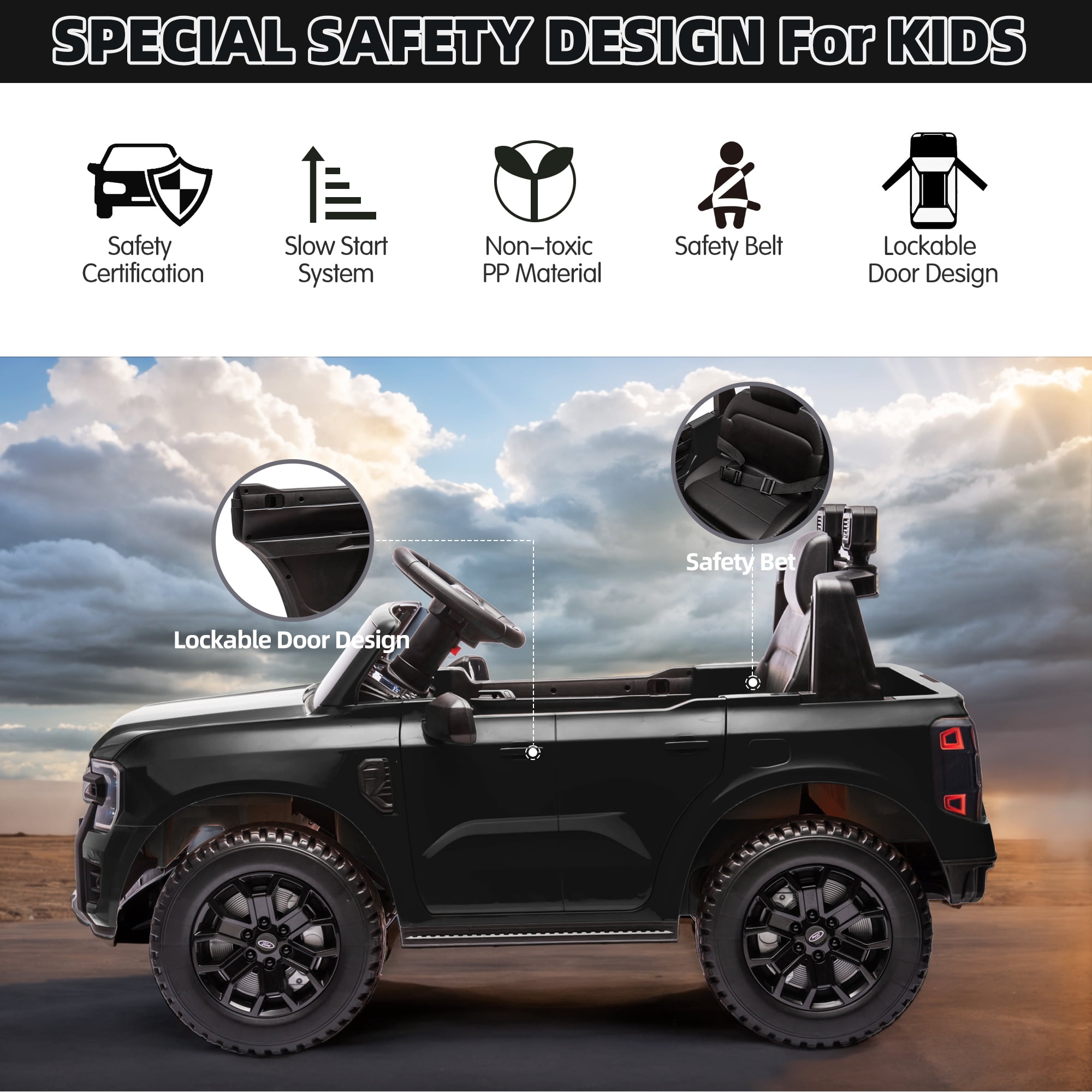 12V Powered Ride on Truck, Ford Ranger Ride on Toy Cars with Remote Control, Rear Wheels Suspension, Safety Belt, MP3 Player, Electric Ride on Cars for Kids Boys Girls 3-6 Ages, Black