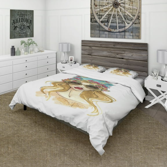 Designart 'Trendy Girl in Sunglasses' Glamour Duvet Cover Set