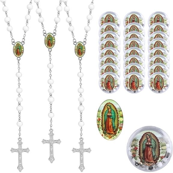 24 Pcs Catholic Rosary Necklace, Stainless Steel Chain with Wooden Beads and Cross Pendant, Bulk Baptism Favors, Christian Party Gifts, White