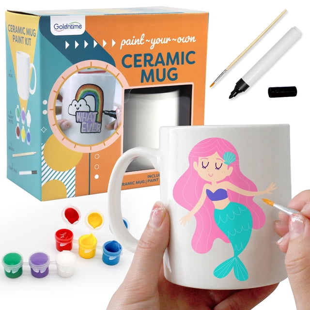 Kit de tazas Pinta tu propia taza Goldentime con pinturas cerámicas y pincel