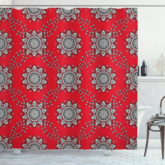 Ambesonne Mandala Shower Curtain, Sketchy Leaves Swirl Art, 69"Wx75"L, Vermilion White