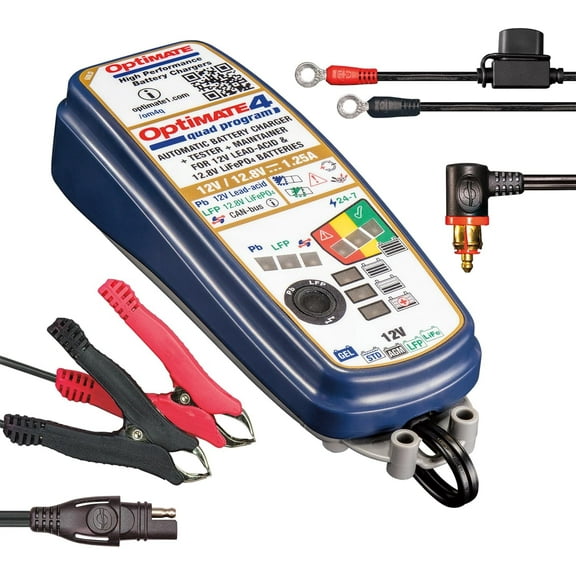 Optimate 4 Quad Program | Premium Edition, TM631-PR, Gold Series: 9-Step 12V / 12.8V 1.25A Sealed Battery Saving Charger & maintainer