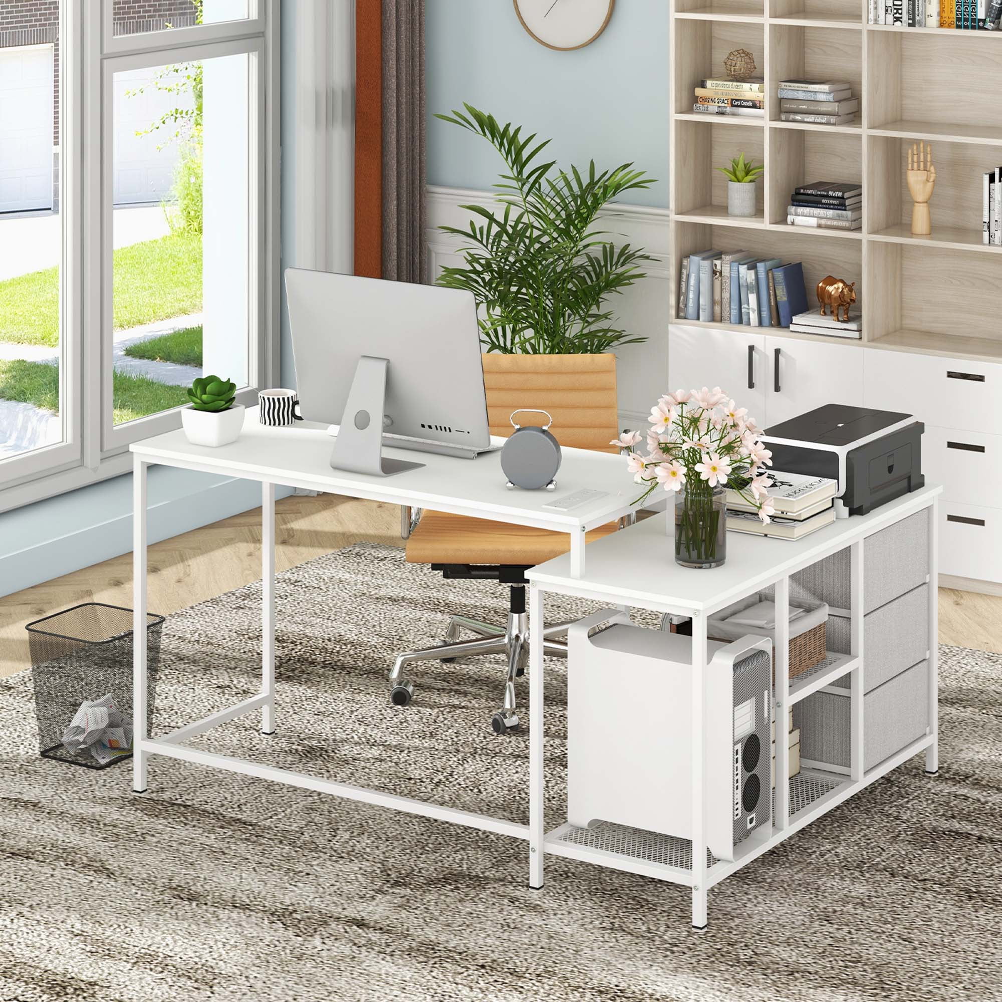 Costway L-shaped Computer Desk with Power Outlet, Fabric Drawers, Metal Mesh Shelves White