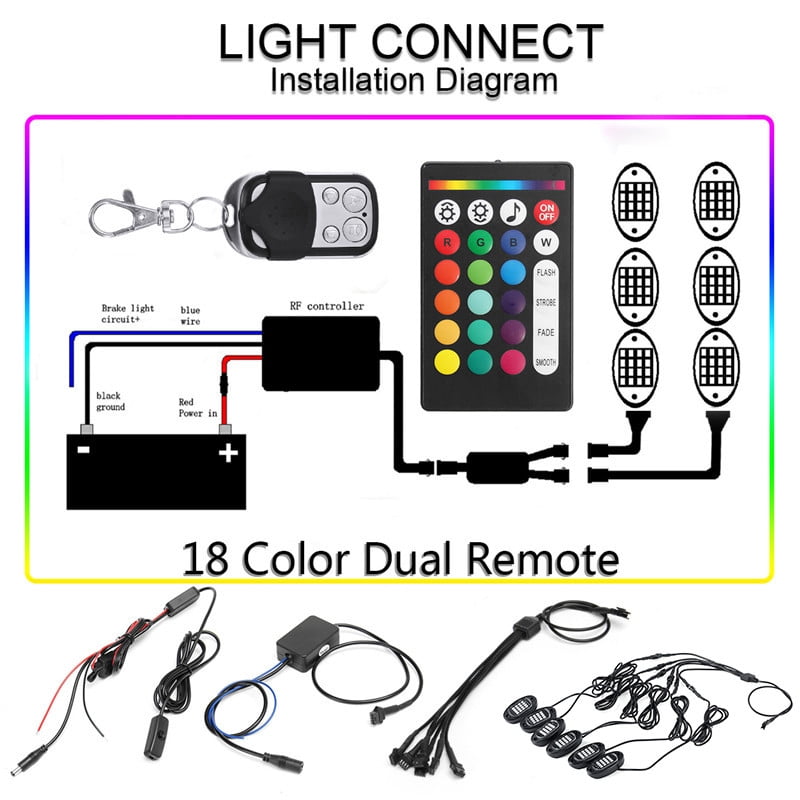 4/6/8 Pods RGB LED Rock Lights with APP/Double RF Remote Control, LED  Multicolor Underglow Neon IP68 Flashing Music Timing Mode Light Kits for  Jeep Off Road Truck ATV Motorcycle - Walmart.com  Wiring Diagram For Led Rock Lights    Walmart.com