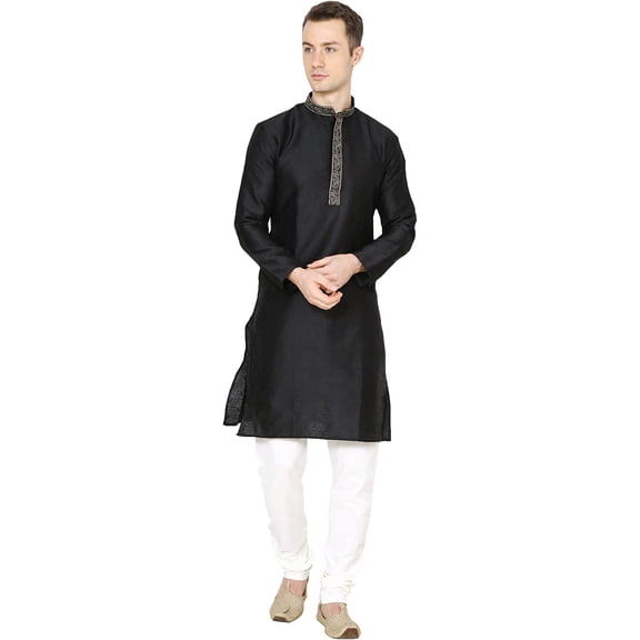Royal Kurta Mens Jacquard Silk Embroidered Kurta Churidar (42, Black)