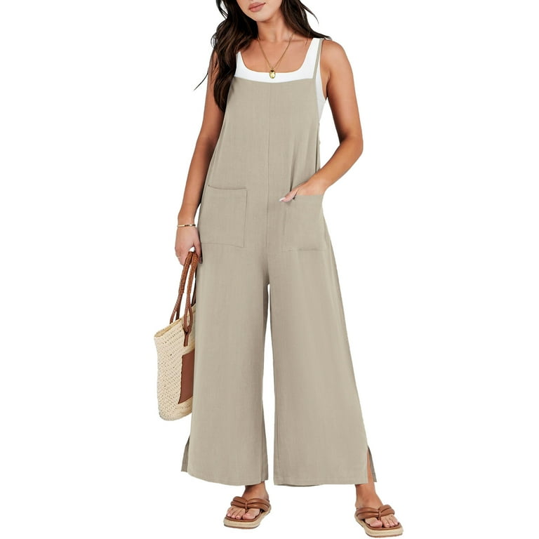 Virmaxy Women Overalls Jumpsuit Cold Shoulder Jumpsuit Solid Button Suspender Jumpsuits Wide Pocket Leg Pant Cotton Linen Overalls For Women Loose Fit