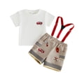 thumbnail image 1 of Tenue d'Été pour Bébé Garçon Thème Pompier Brodé Col Rond Manches Courtes Hauts + Shorts Cargo à Bretelles Réglables Rouges Ensemble 2 Pcs, 1 of 9