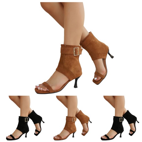 Modisza Women's Kitten Heel Sandal Boots with Belt Buckles Open Square Toe Low Heel Dressy Heels Summer Suede Party Prom Shoes Black 6
