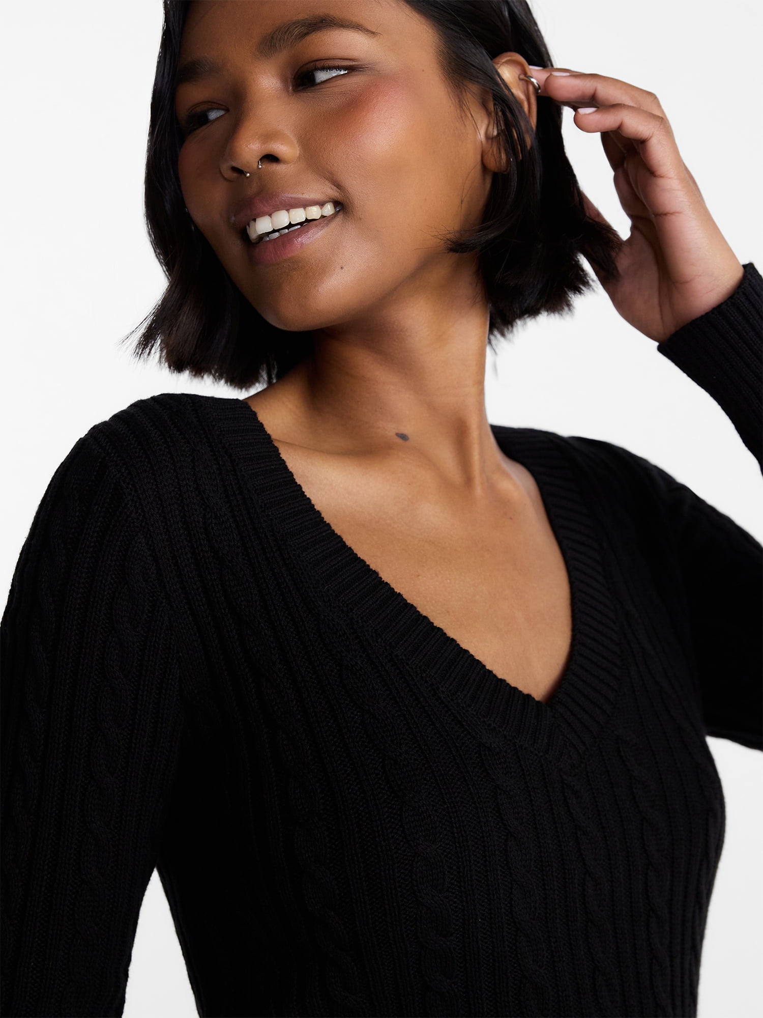 No Boundaries V Neck Cable Sweater, Women's and Women's Plus XXS-4X