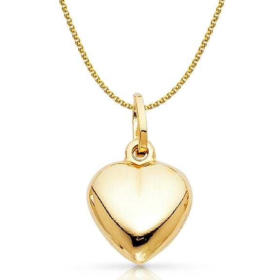 14K Yellow Gold Plain Heart Charm Pendant with 1.2mm Flat Open Wheat Chain Necklace