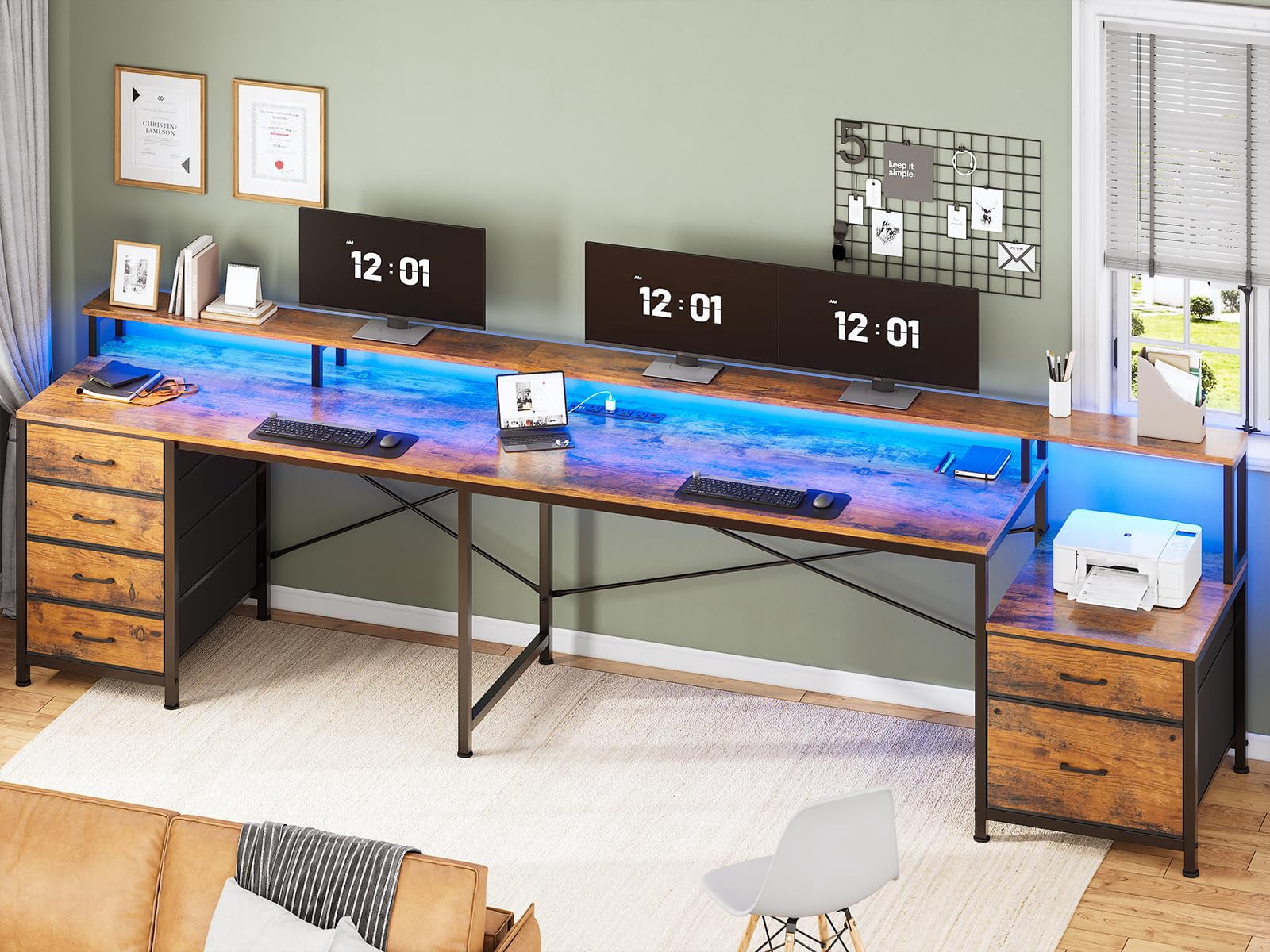 Corner Computer Desk with Led Lights and Monitor Shelf, Two Person Desk, L Shaped Desk with 6 Drawer, 108" Home Office Desk with File Drawer & Power Outlet, Rustic Brown