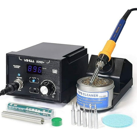 

939D+ Digital soldering station 75 watt equivalent with temperature control °C/°F display. Electronics safe. Aluminum Panel (Burn Resistant). Soldering Tips Lead Free Solder and Extras.