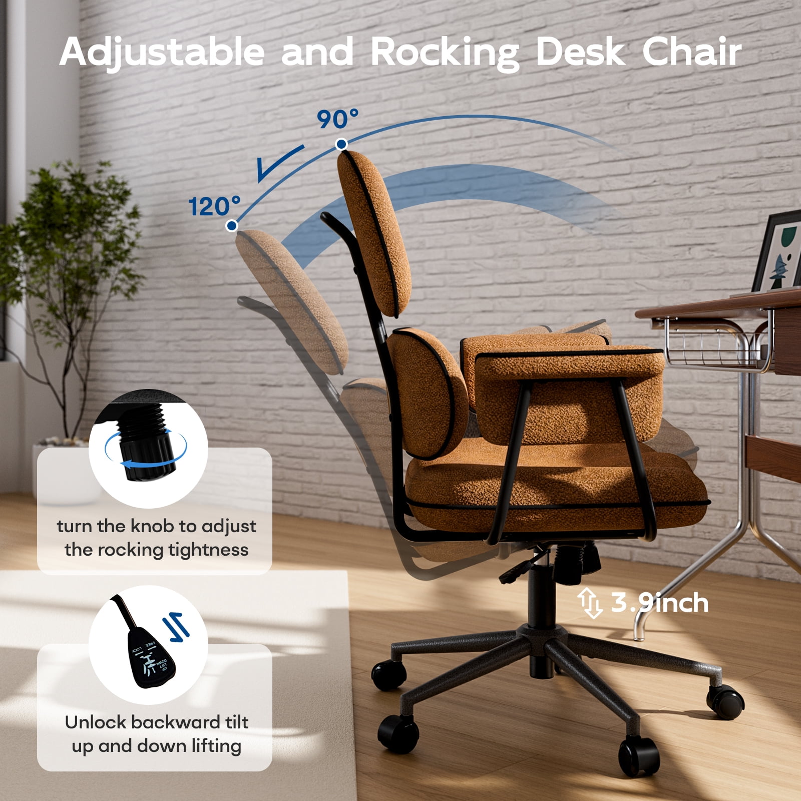 Genpo Desk Chair with Wheels and Arms, Brown Linen Fabric Executive Office Chair with Memory Foam Wide Seat, Padded Arms, Lumbar Support and Adjustable Height