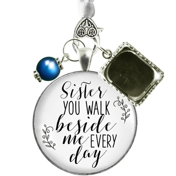 Bridal Bouquet Photo Charm Sister Beside Photo Wedding Jewelry White Silvertone Blue
