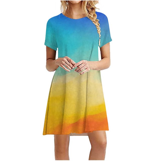 QIPOPIQ Robes Midi pour Femmes à Étages à Manches Courtes Imprimé Fête de l'Indépendance Robe d'Été Décontractée Robes Robe à Blocs de Couleur à Col Rond Offres 2023