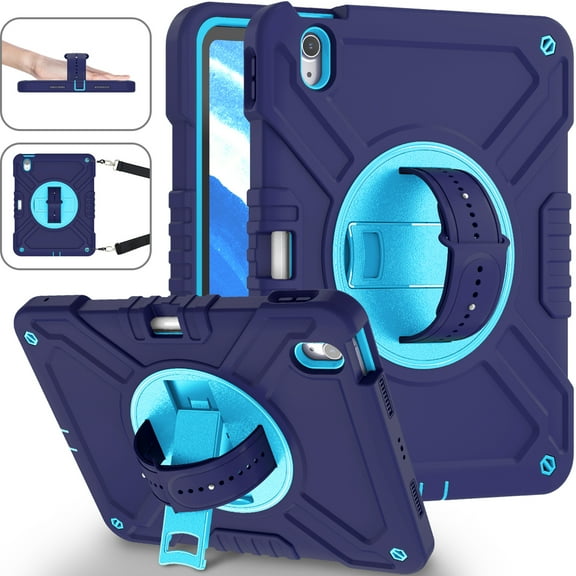 for iPad Air 11 Inch 2024 Case, Military Grade Silicone Shockproof Heavy Duty Protective Cover for iPad Air 11 Inch 2024 with Handle Strap & Pencil Holder Rotating Stand - Navyblue