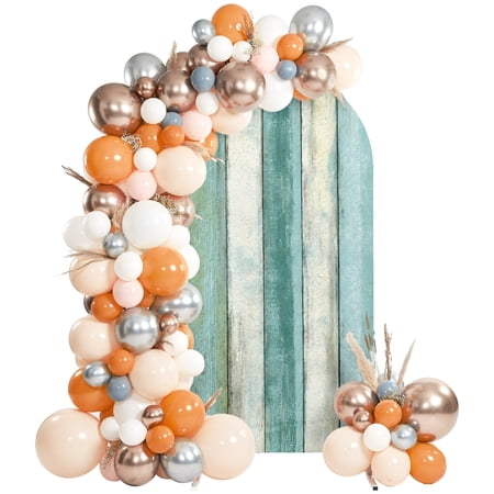 Teal Beige Wood Arch Backdrop Cover 6Ft, Wedding Arch Covers Stretchy Backdrop, Farmhouse Rustic Vintage Wooden Grain Fitted 2 Sided Arched Photo Background for Birthday Party Decorations