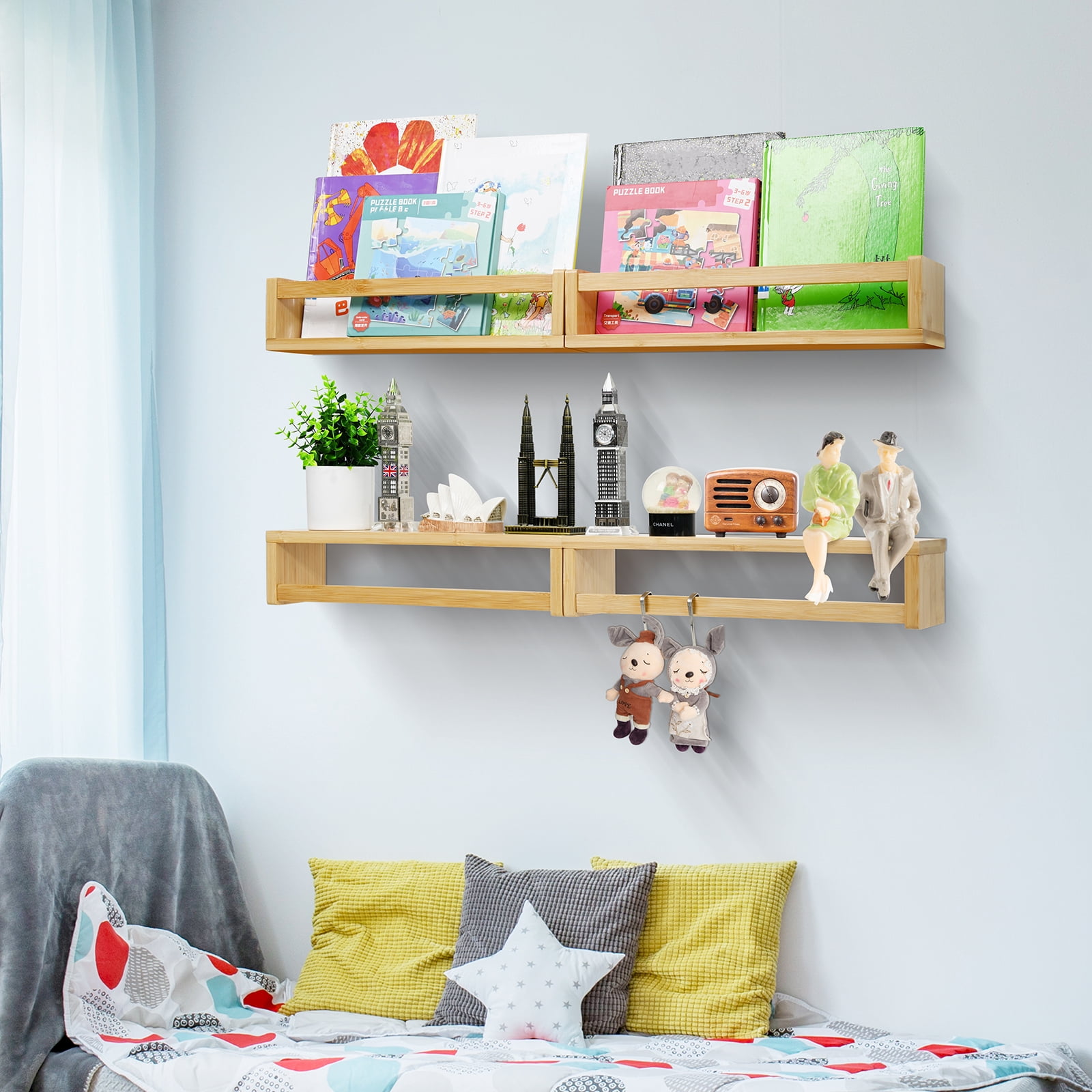 Ollieroo 10” x 35” 4-Tier Bamboo Floating Shelves Kids Room Decor