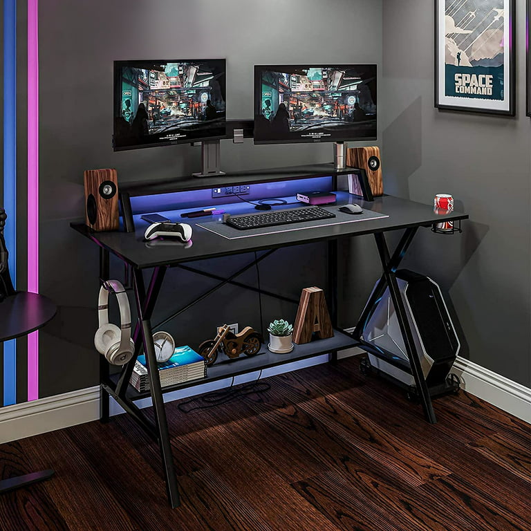 Lavish Home Gaming Computer Desk with Cup Holder, Headphone Hanger, Cable  Management, Black