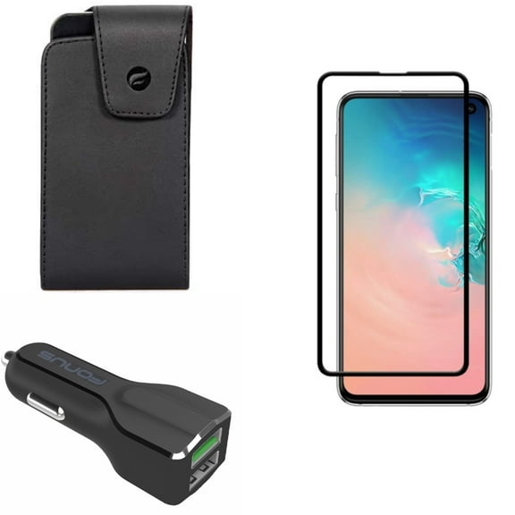 Galaxy S10e Case Belt Clip w Screen Protector w Car Charger - Leather Swivel Holster, Tempered Glass 5D Curved Edge, 30W 2-Port USB Power for Samsung Galaxy S10e Phone