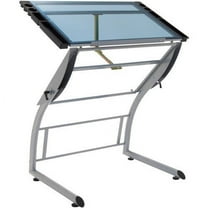 Studio Designs Triflex Hieght Adjustable Metal Frame with Glass Angle Adjustable Top Drafting Drawing Table Stand or Sit , Silver/Blue Glass
