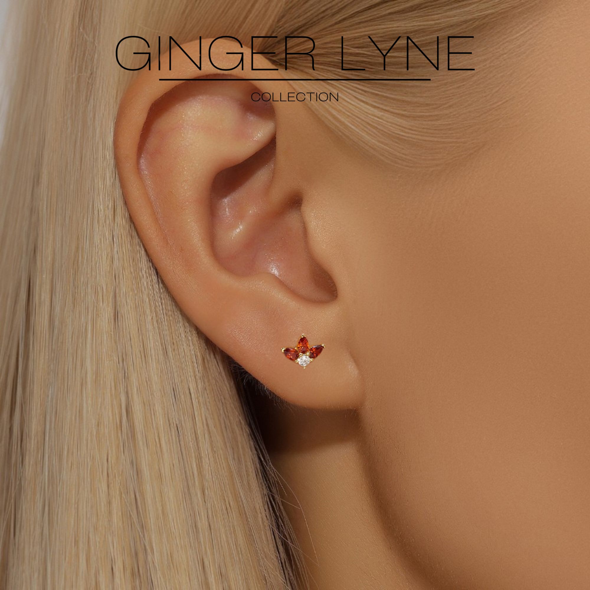 Pear Burnt Orange CZ Flat Back Earrings for Cartilage or Lobe Gold Plated Sterling Silver 1 pair by Ginger Lyne