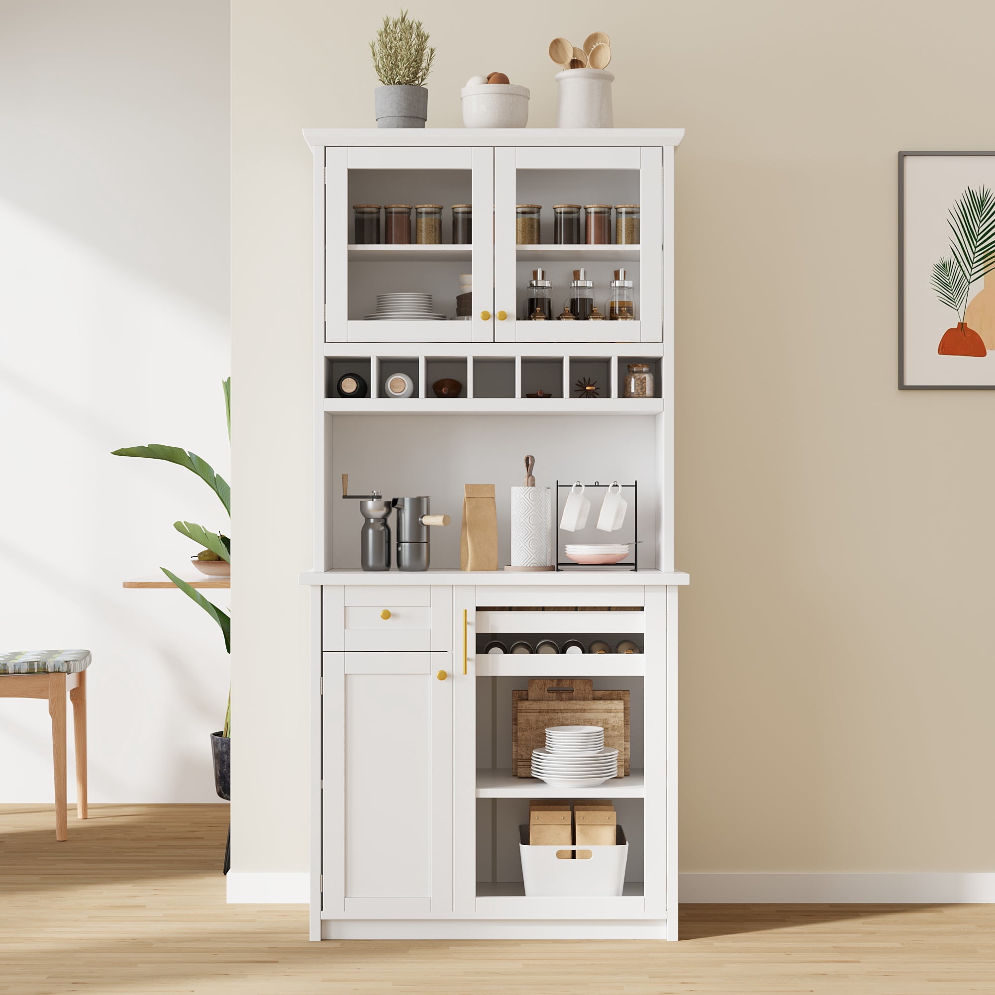 Euroco Farmhouse 35.4x17.7x74.8inch Freestanding Buffet with Hutch, Tall Kitchen Pantry Storage Cabinet with Wine Rack and Adjustable Shelves for Dining Room, White