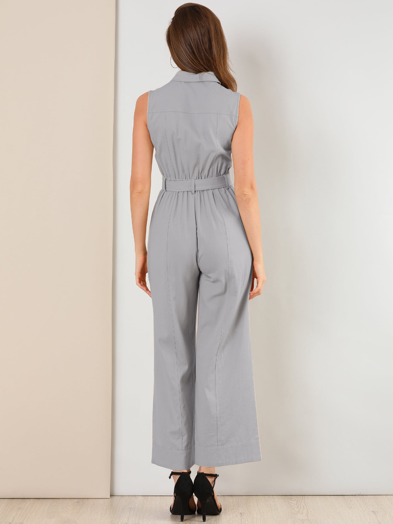 DARING DIVA Women's Wide Leg Jumpsuit Sleeveless Collared Tie Waist Coverall S Light Grey