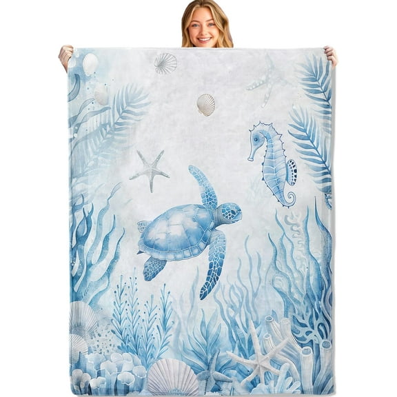 Sea Turtle Beach Throw Blanket,50x60in,Soft,Lightweight Flannel,Serene Underwater Seahorse Blankets - Gifts for Adult & Ocean Lovers,for Couch Office Travel,Home Living Room Decor